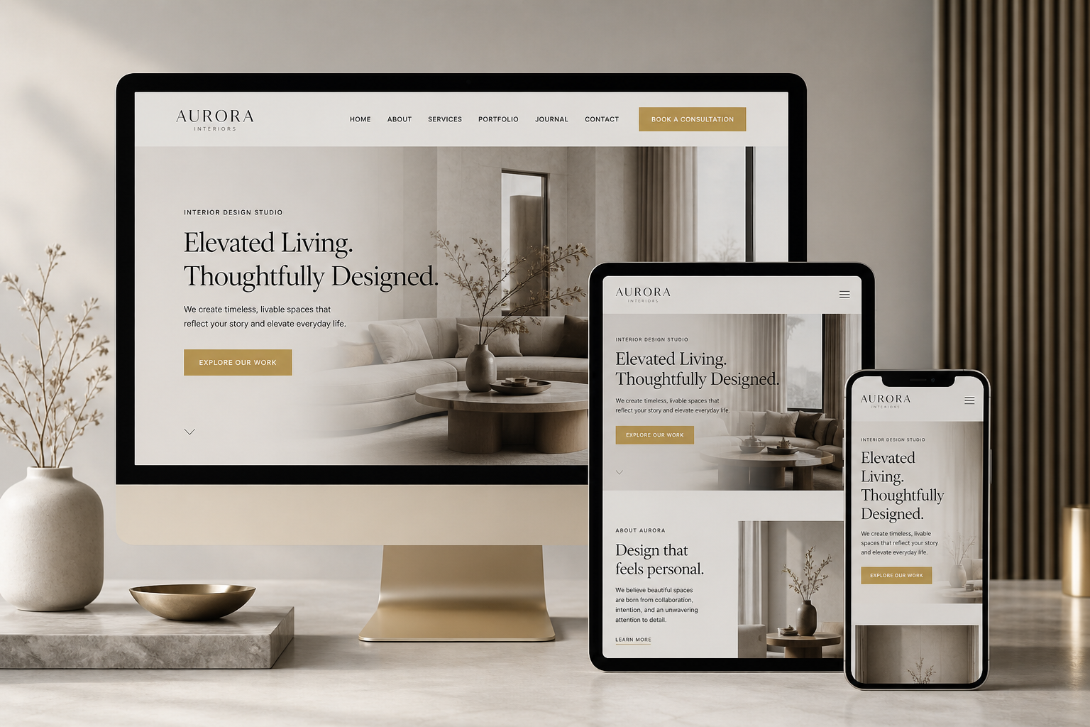 Drie verschillende schermen met moderne websitepresentaties